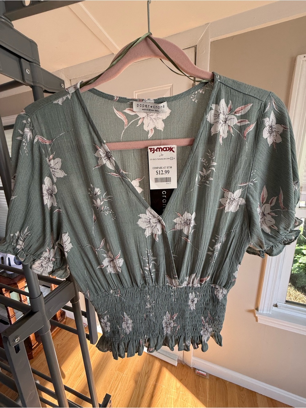 Paper Crane Sage Green Floral Smocked Crop Top